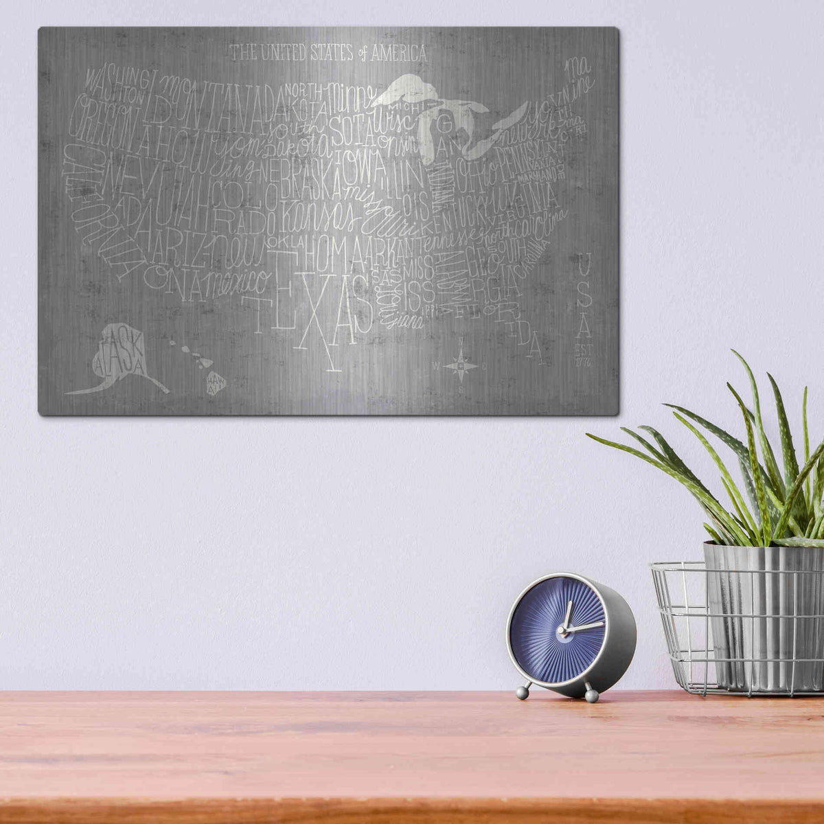 Luxe Metal Art 'Hand Lettered USA Map Gray' by Michael Mullan, Metal Wall Art,16x12