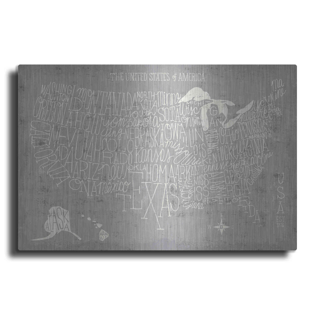 Luxe Metal Art 'Hand Lettered USA Map Gray' by Michael Mullan, Metal Wall Art