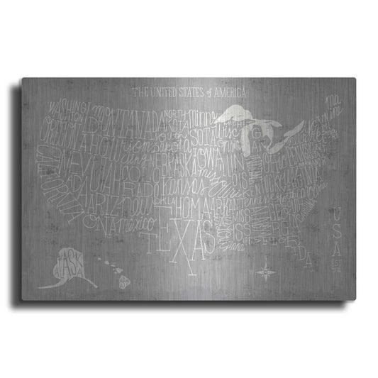 Luxe Metal Art 'Hand Lettered USA Map Gray' by Michael Mullan, Metal Wall Art