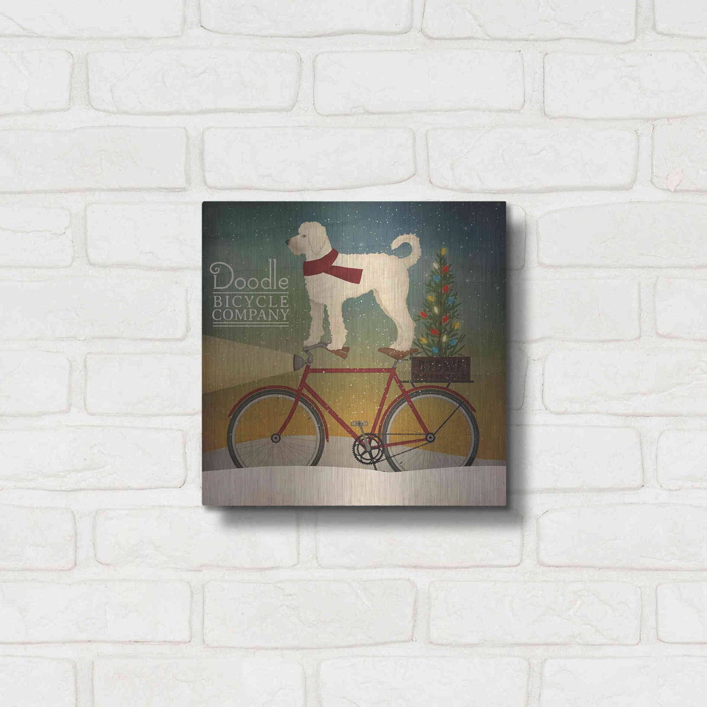 Luxe Metal Art 'White Doodle on Bike Christmas' by Ryan Fowler, Metal Wall Art,12x12