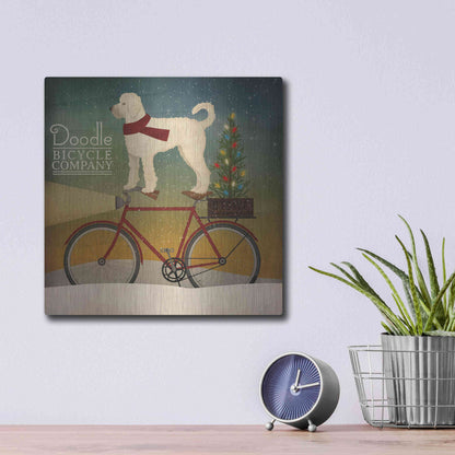 Luxe Metal Art 'White Doodle on Bike Christmas' by Ryan Fowler, Metal Wall Art,12x12