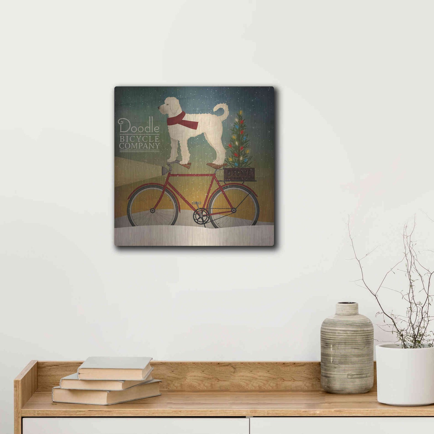 Luxe Metal Art 'White Doodle on Bike Christmas' by Ryan Fowler, Metal Wall Art,12x12