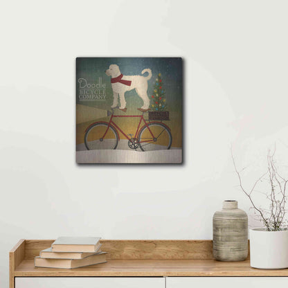 Luxe Metal Art 'White Doodle on Bike Christmas' by Ryan Fowler, Metal Wall Art,12x12