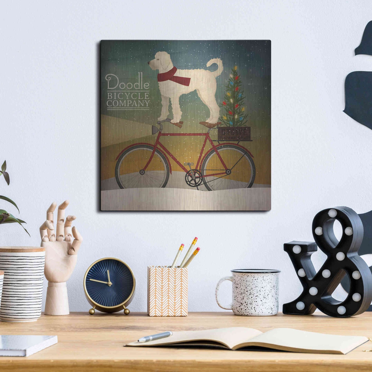 Luxe Metal Art 'White Doodle on Bike Christmas' by Ryan Fowler, Metal Wall Art,12x12