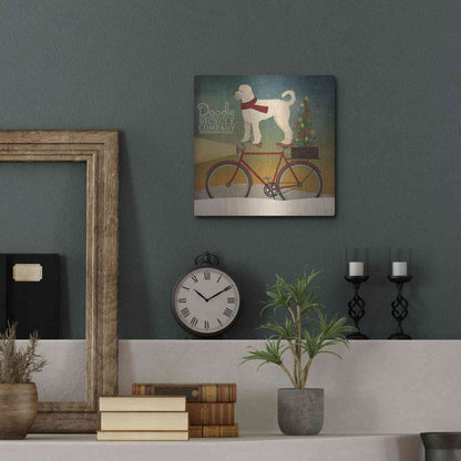 Luxe Metal Art 'White Doodle on Bike Christmas' by Ryan Fowler, Metal Wall Art,12x12