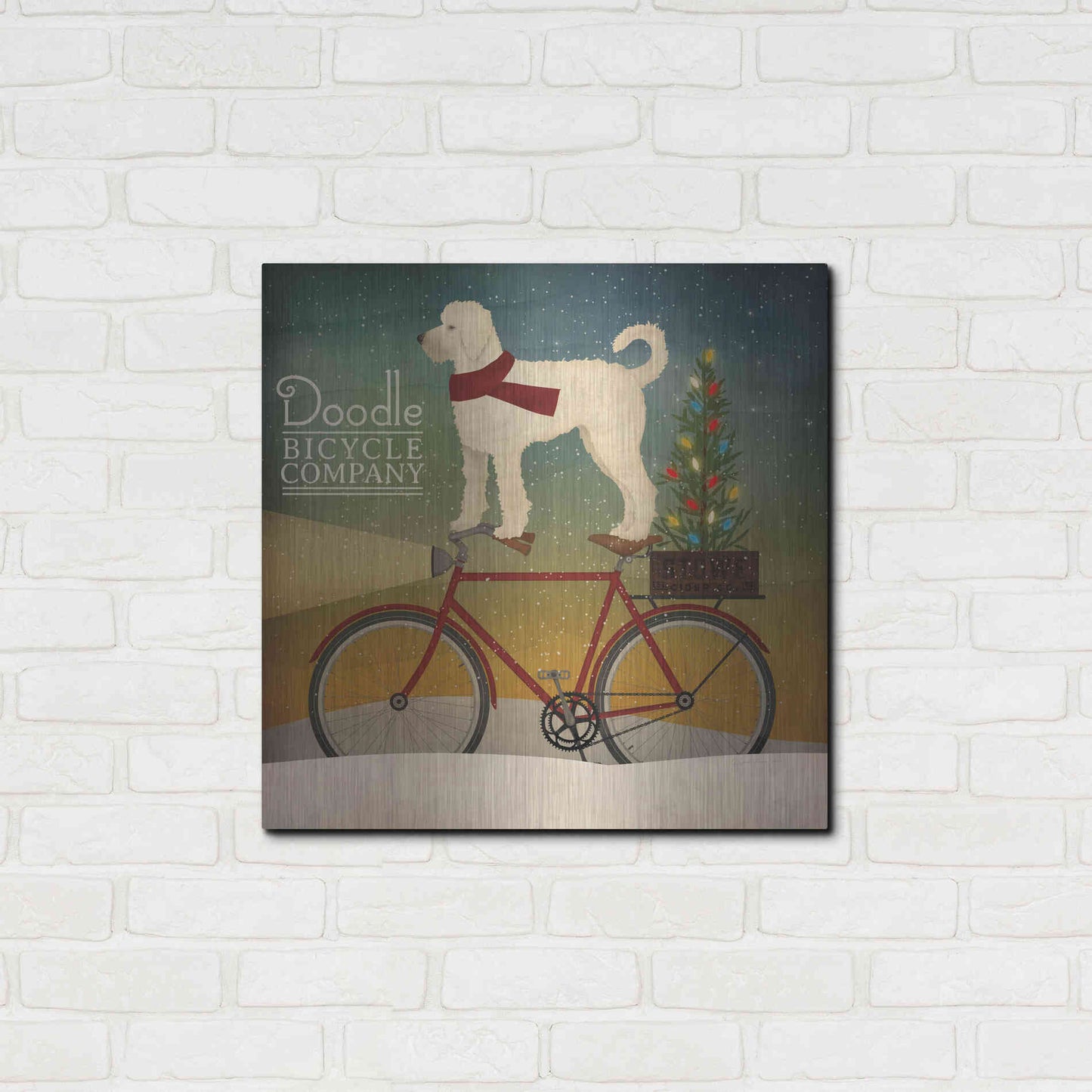 Luxe Metal Art 'White Doodle on Bike Christmas' by Ryan Fowler, Metal Wall Art,24x24