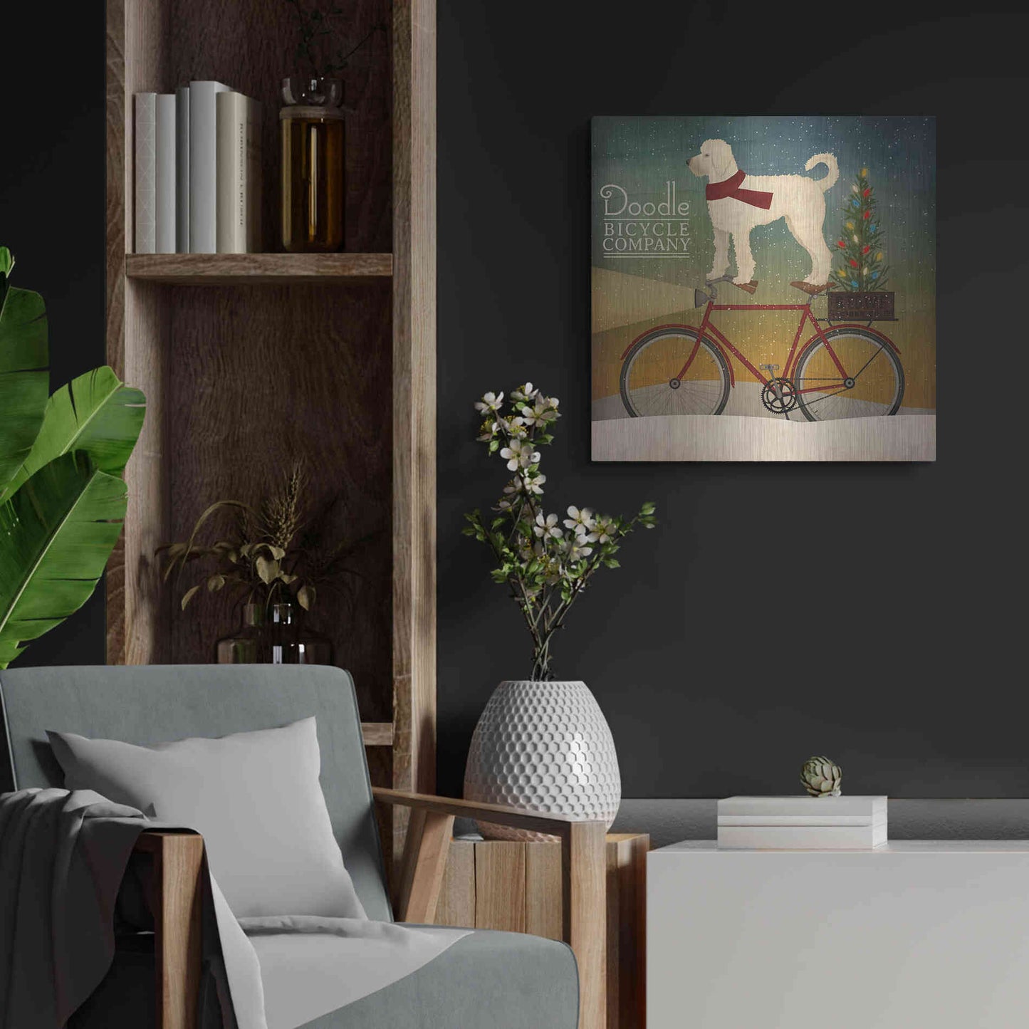Luxe Metal Art 'White Doodle on Bike Christmas' by Ryan Fowler, Metal Wall Art,24x24