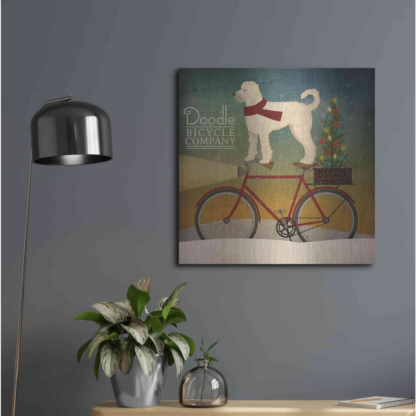 Luxe Metal Art 'White Doodle on Bike Christmas' by Ryan Fowler, Metal Wall Art,24x24