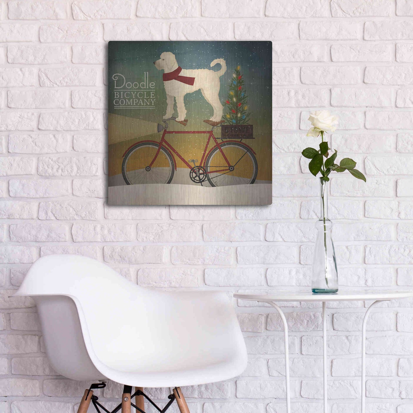 Luxe Metal Art 'White Doodle on Bike Christmas' by Ryan Fowler, Metal Wall Art,24x24