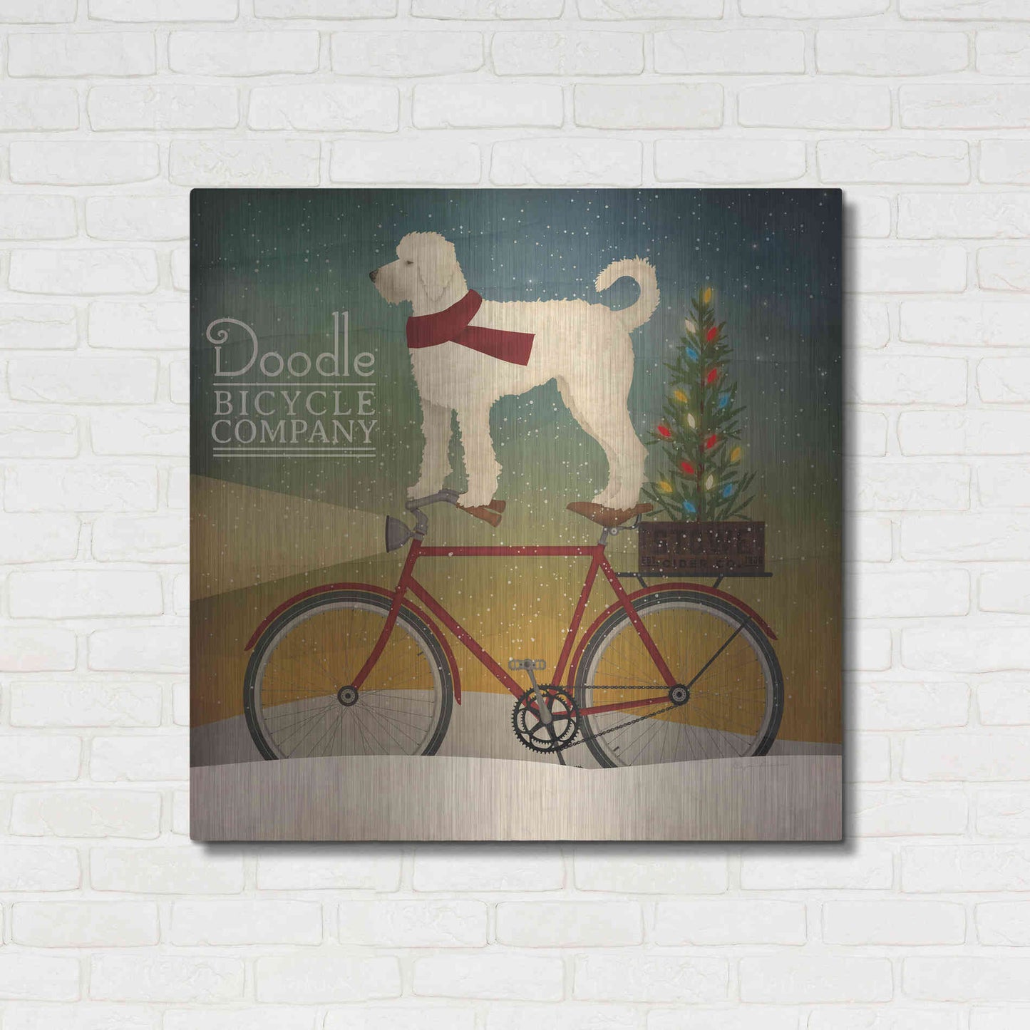 Luxe Metal Art 'White Doodle on Bike Christmas' by Ryan Fowler, Metal Wall Art,36x36