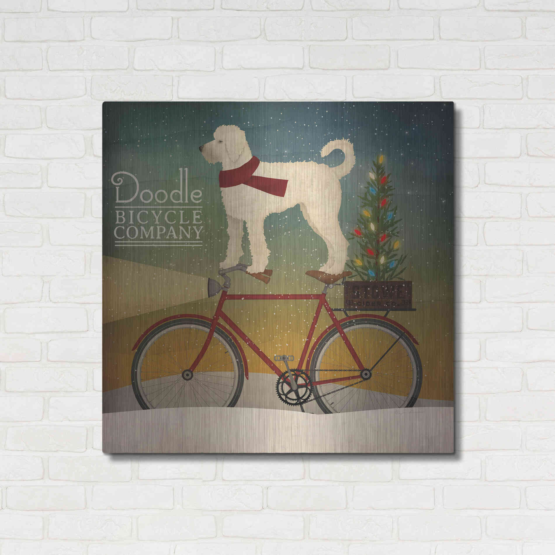 Luxe Metal Art 'White Doodle on Bike Christmas' by Ryan Fowler, Metal Wall Art,36x36