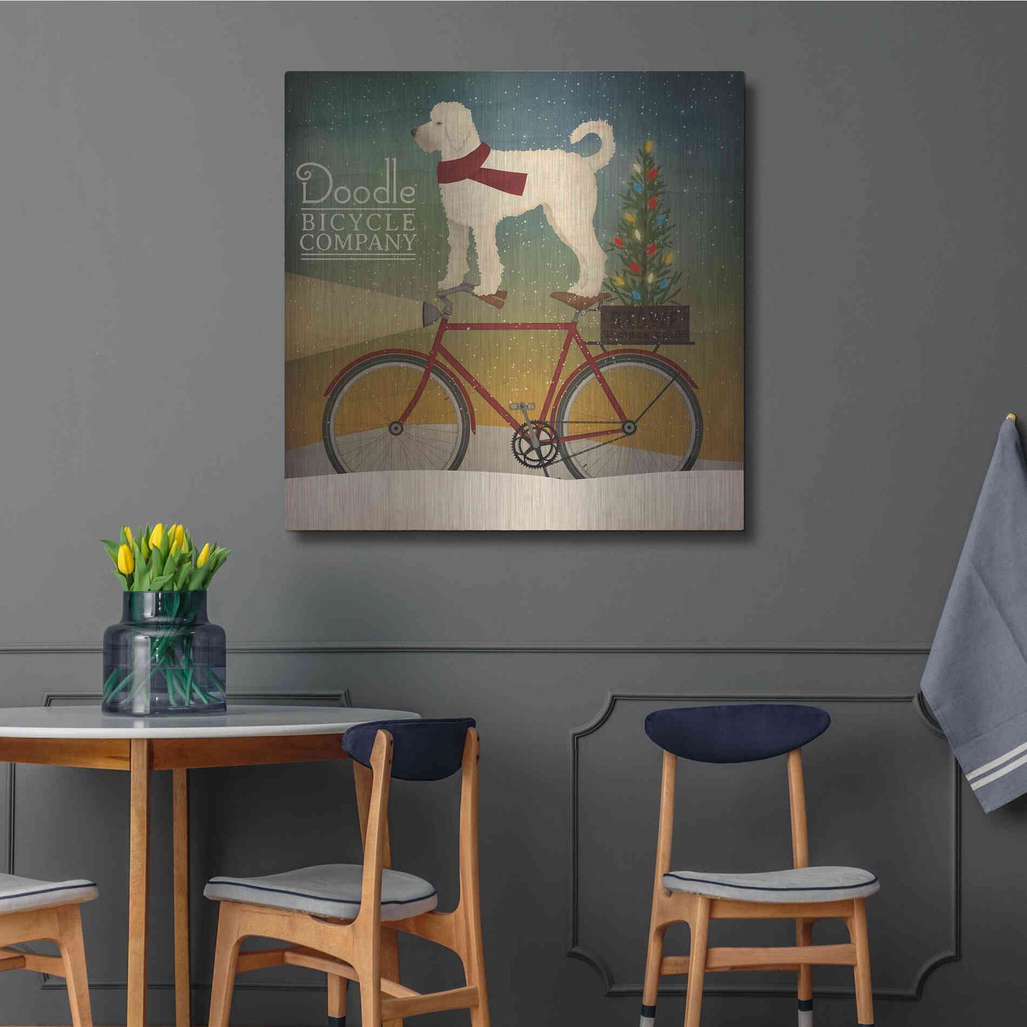 Luxe Metal Art 'White Doodle on Bike Christmas' by Ryan Fowler, Metal Wall Art,36x36