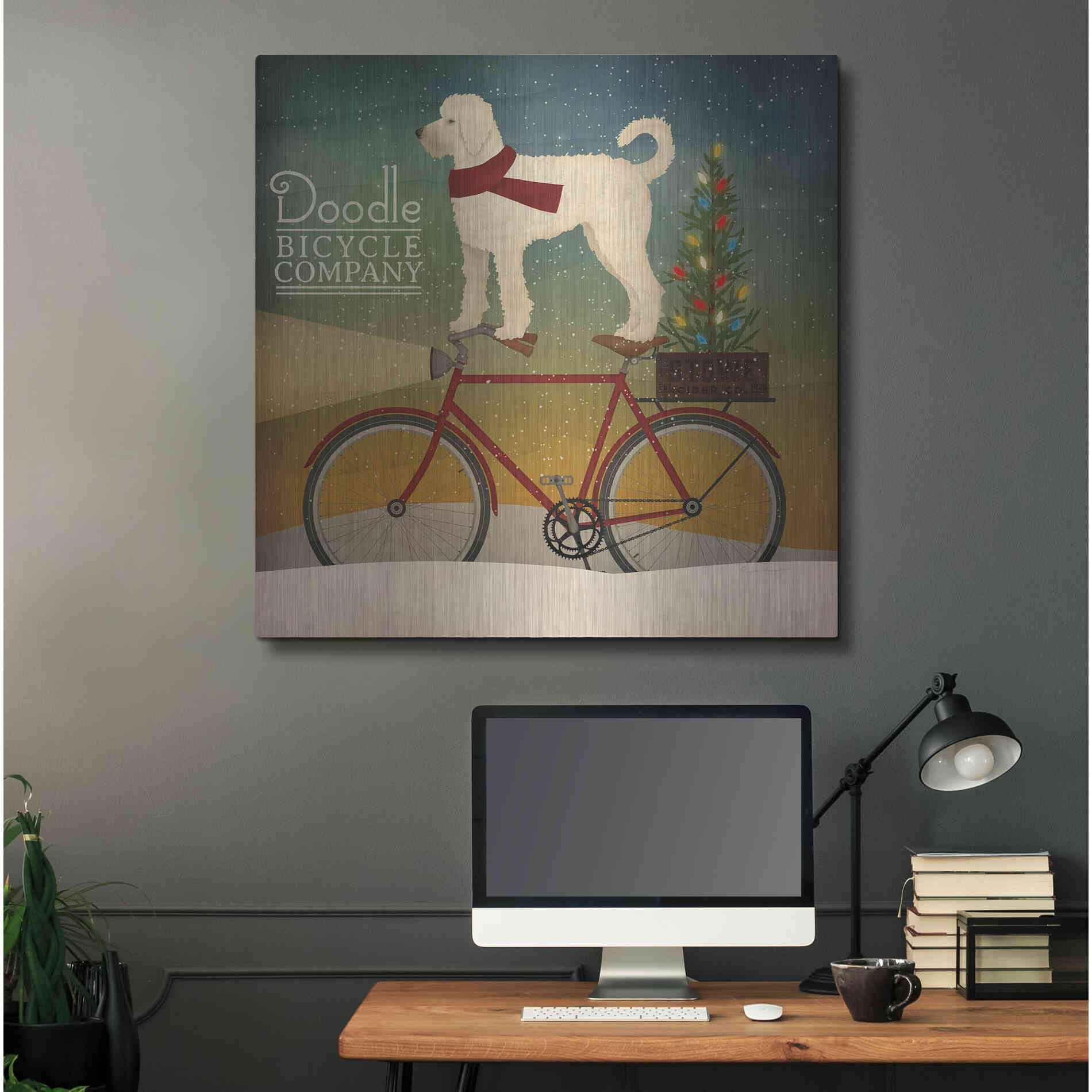 Luxe Metal Art 'White Doodle on Bike Christmas' by Ryan Fowler, Metal Wall Art,36x36