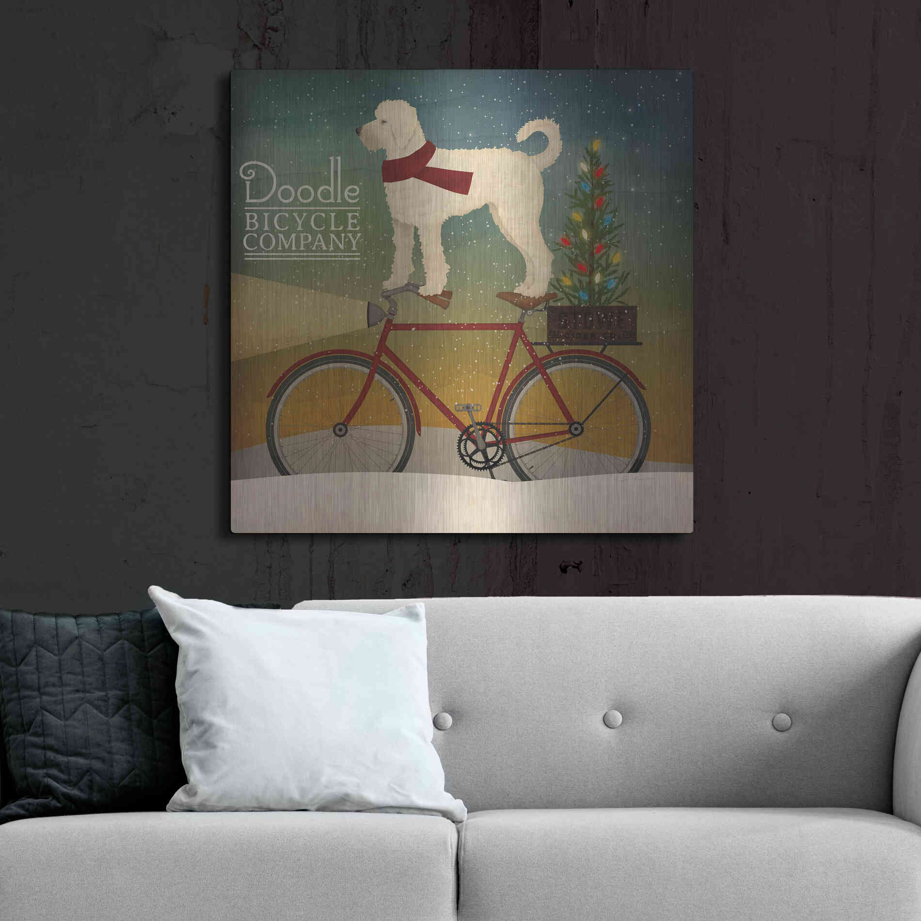 Luxe Metal Art 'White Doodle on Bike Christmas' by Ryan Fowler, Metal Wall Art,36x36