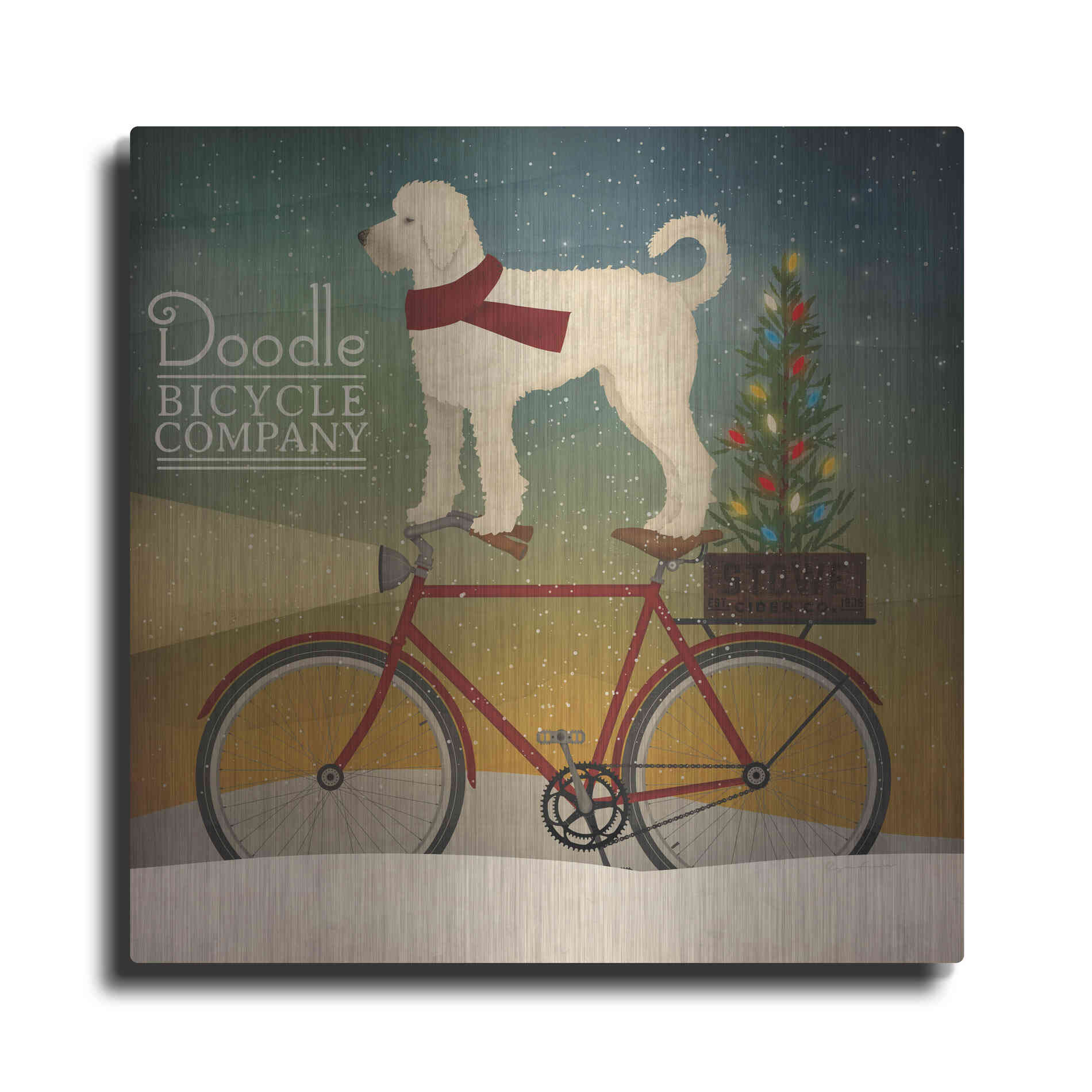 Luxe Metal Art 'White Doodle on Bike Christmas' by Ryan Fowler, Metal Wall Art