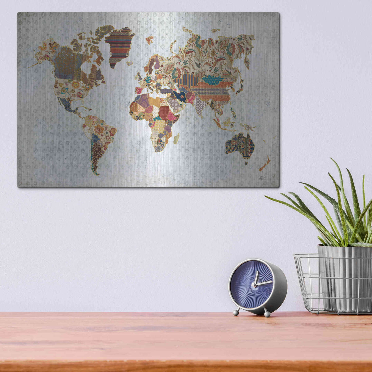 Luxe Metal Art 'Pattern World Map Geo Background' by Laura Marshall, Metal Wall Art,16x12