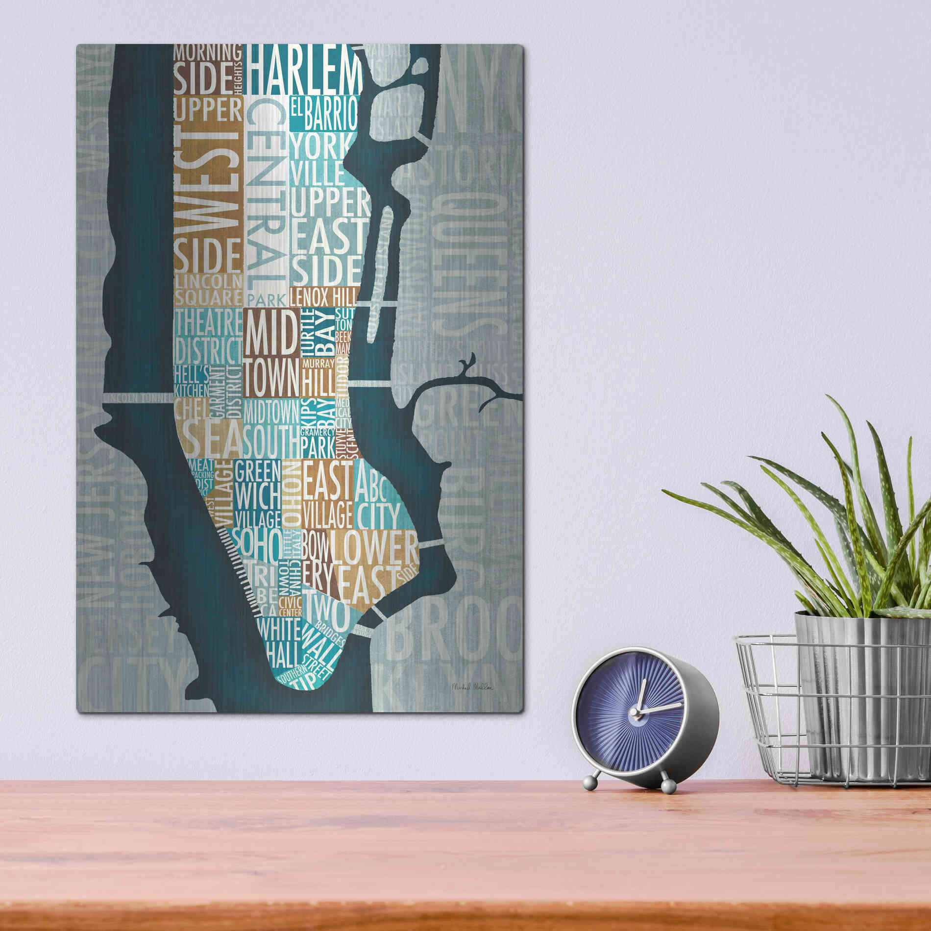 Luxe Metal Art 'Manhattan Map Blue Brown' by Michael Mullan, Metal Wall Art,12x16