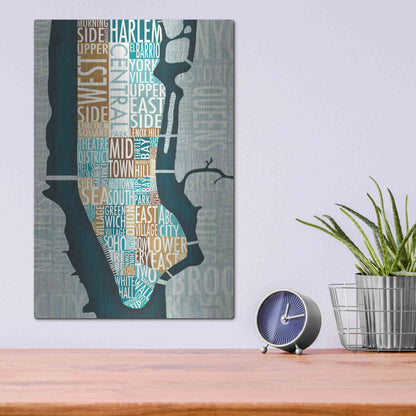 Luxe Metal Art 'Manhattan Map Blue Brown' by Michael Mullan, Metal Wall Art,12x16