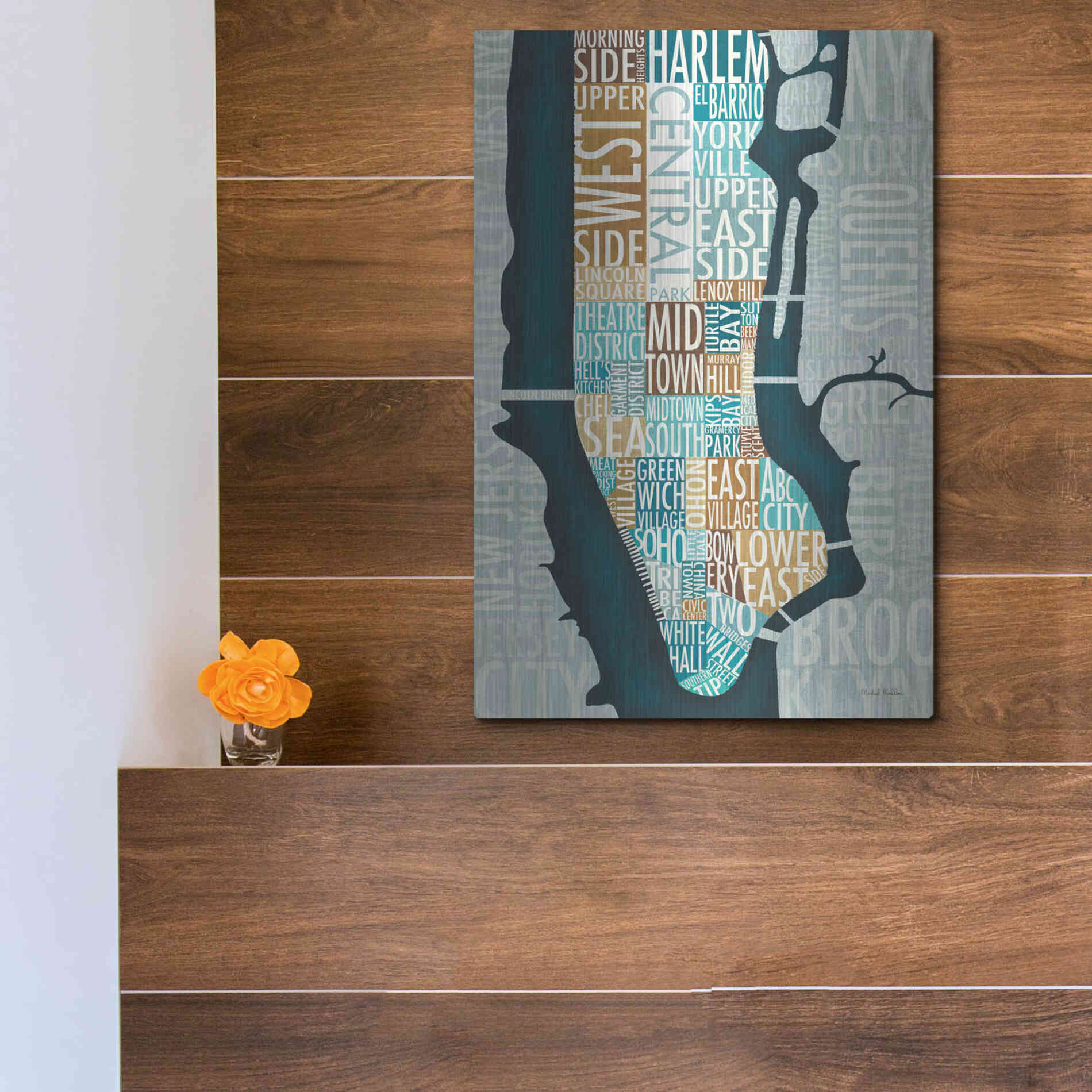 Luxe Metal Art 'Manhattan Map Blue Brown' by Michael Mullan, Metal Wall Art,12x16