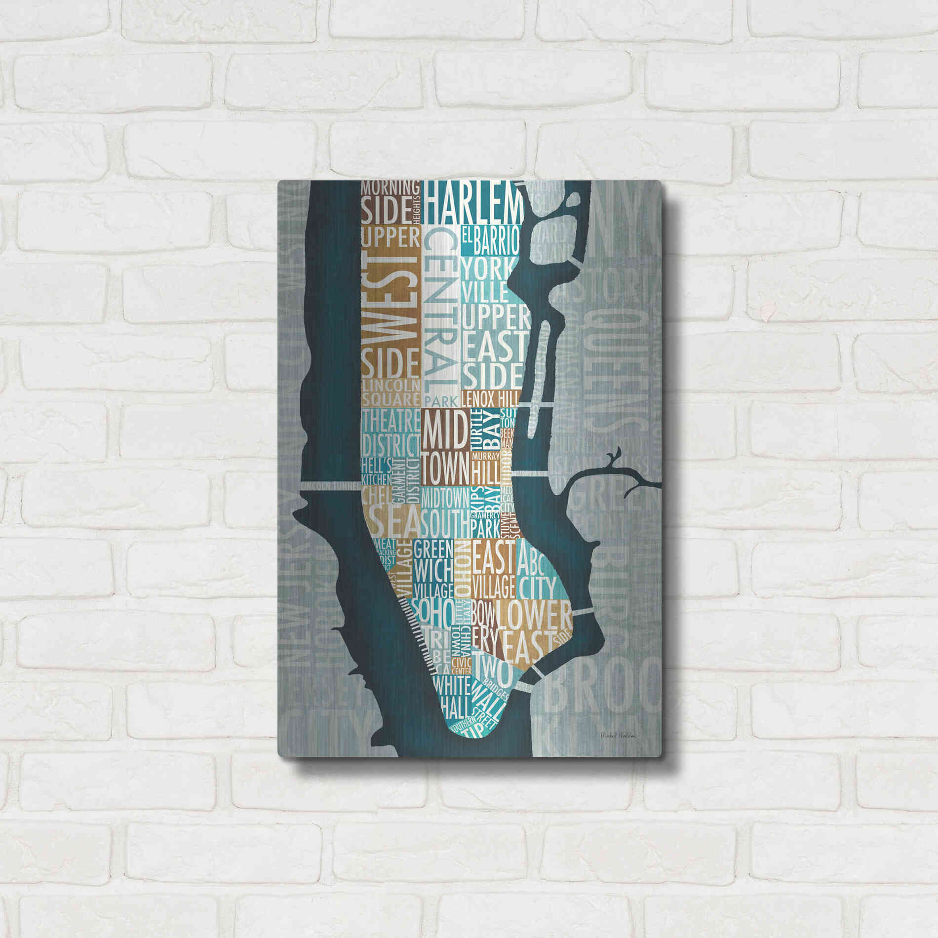 Luxe Metal Art 'Manhattan Map Blue Brown' by Michael Mullan, Metal Wall Art,16x24