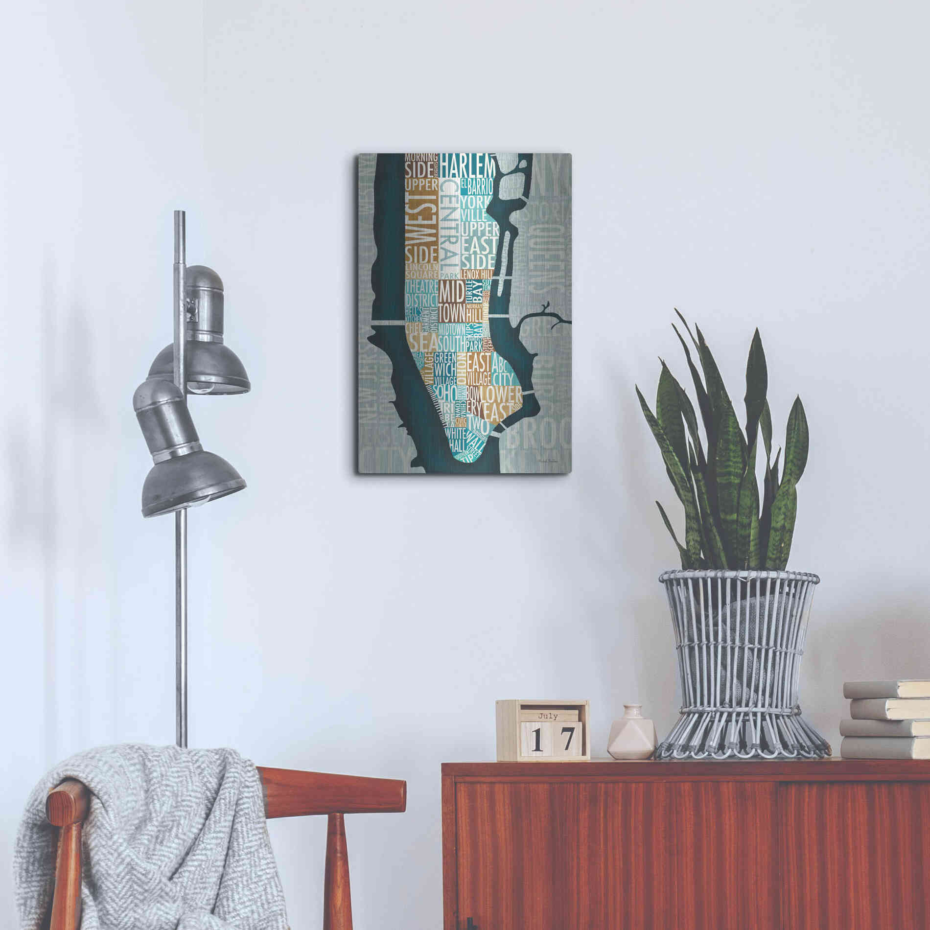 Luxe Metal Art 'Manhattan Map Blue Brown' by Michael Mullan, Metal Wall Art,16x24