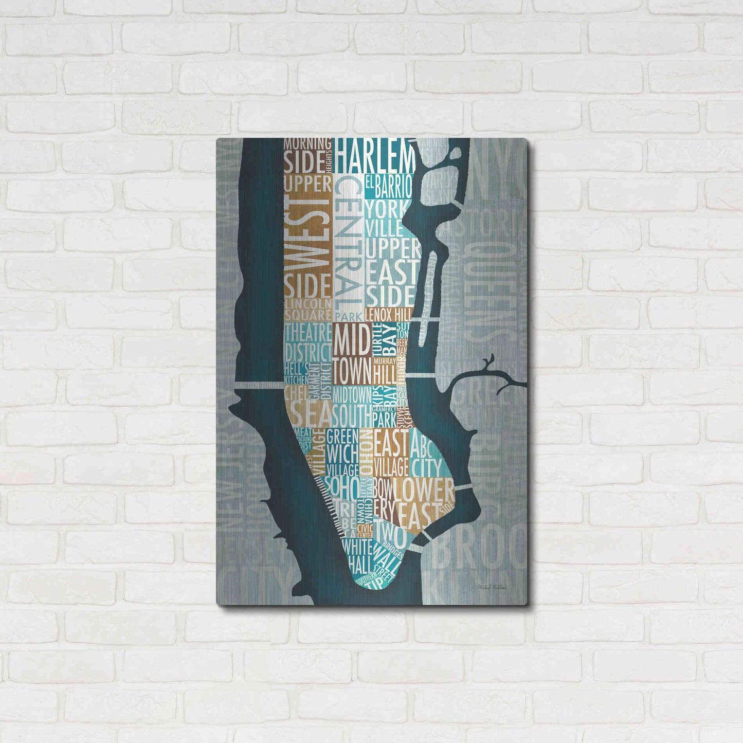 Luxe Metal Art 'Manhattan Map Blue Brown' by Michael Mullan, Metal Wall Art,24x36