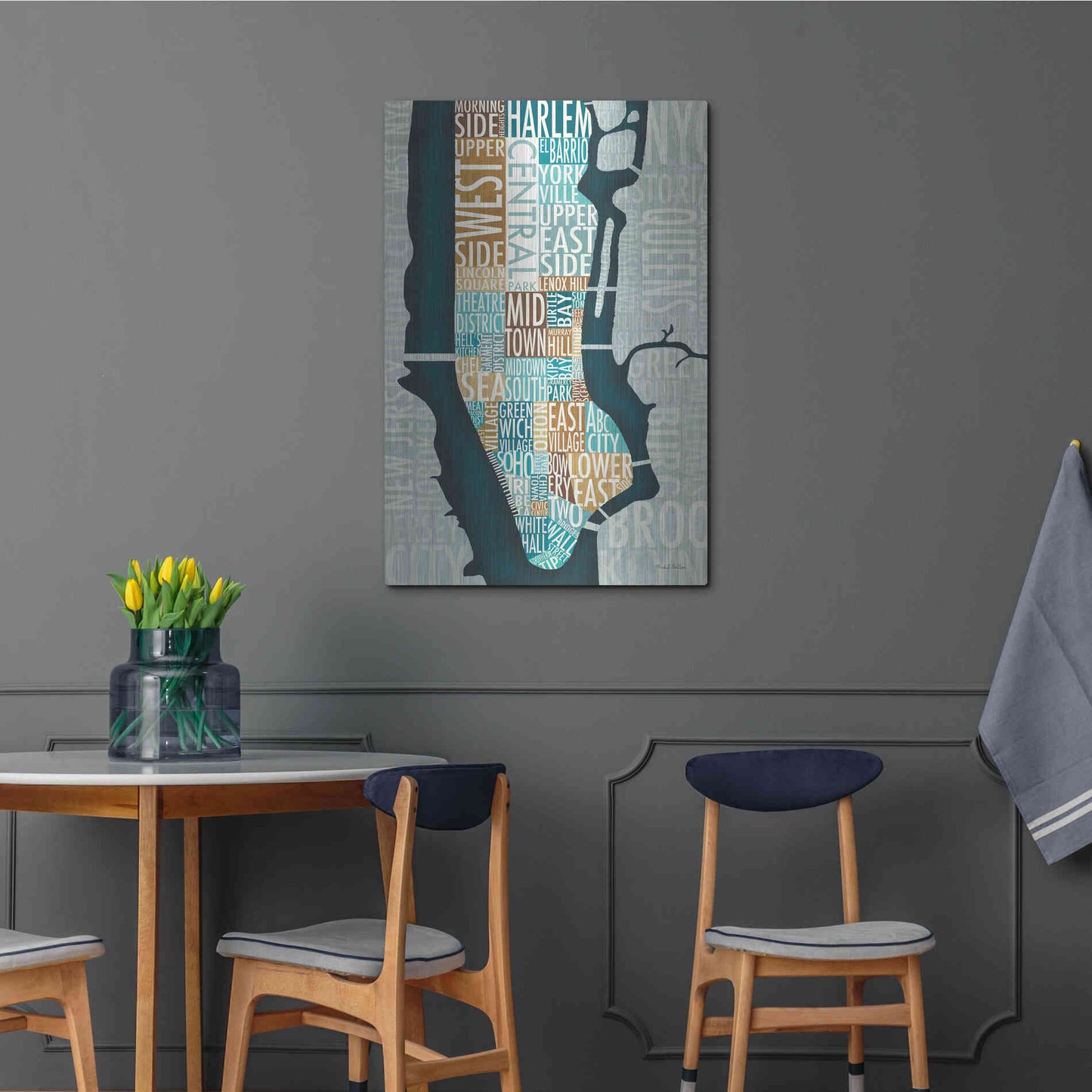 Luxe Metal Art 'Manhattan Map Blue Brown' by Michael Mullan, Metal Wall Art,24x36