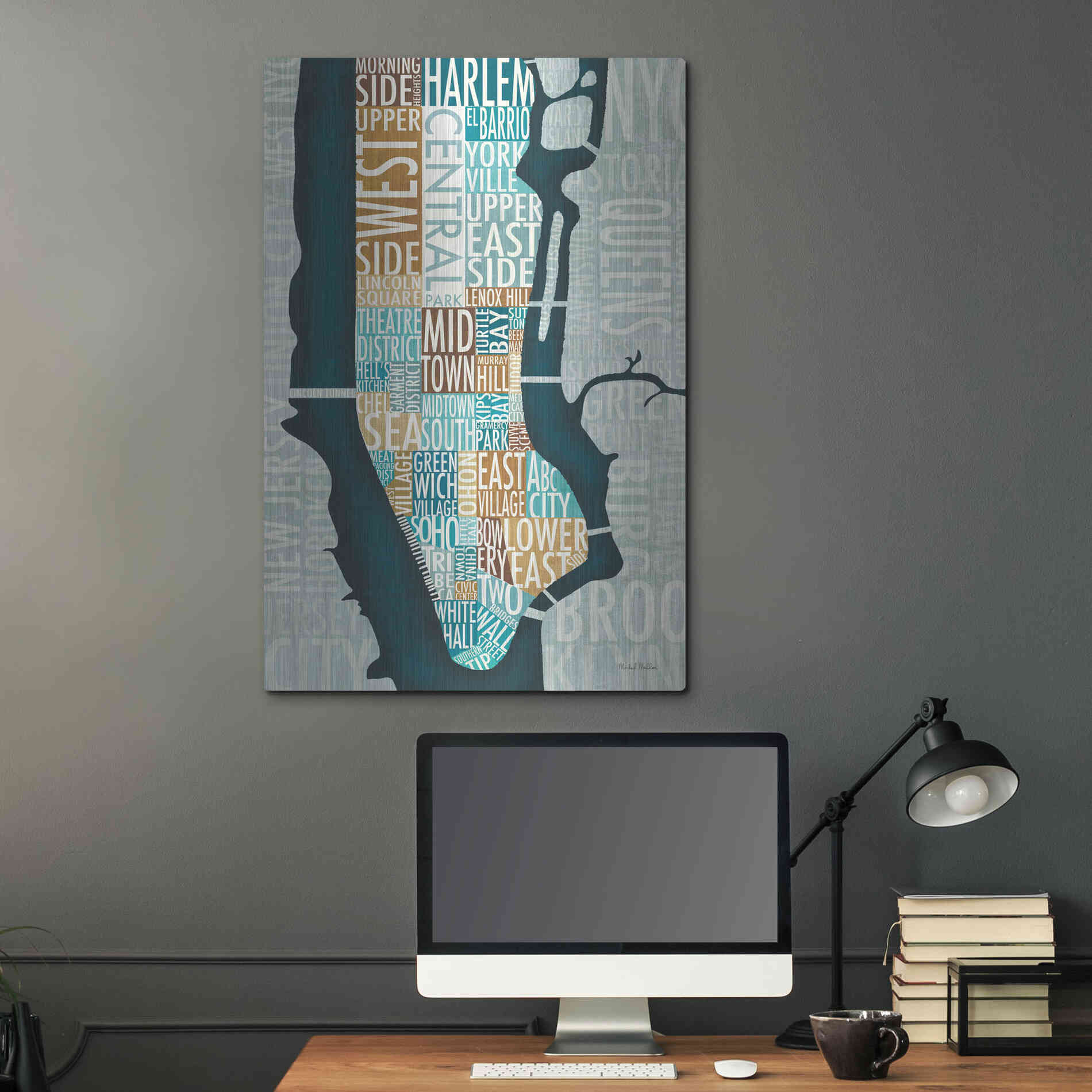 Luxe Metal Art 'Manhattan Map Blue Brown' by Michael Mullan, Metal Wall Art,24x36