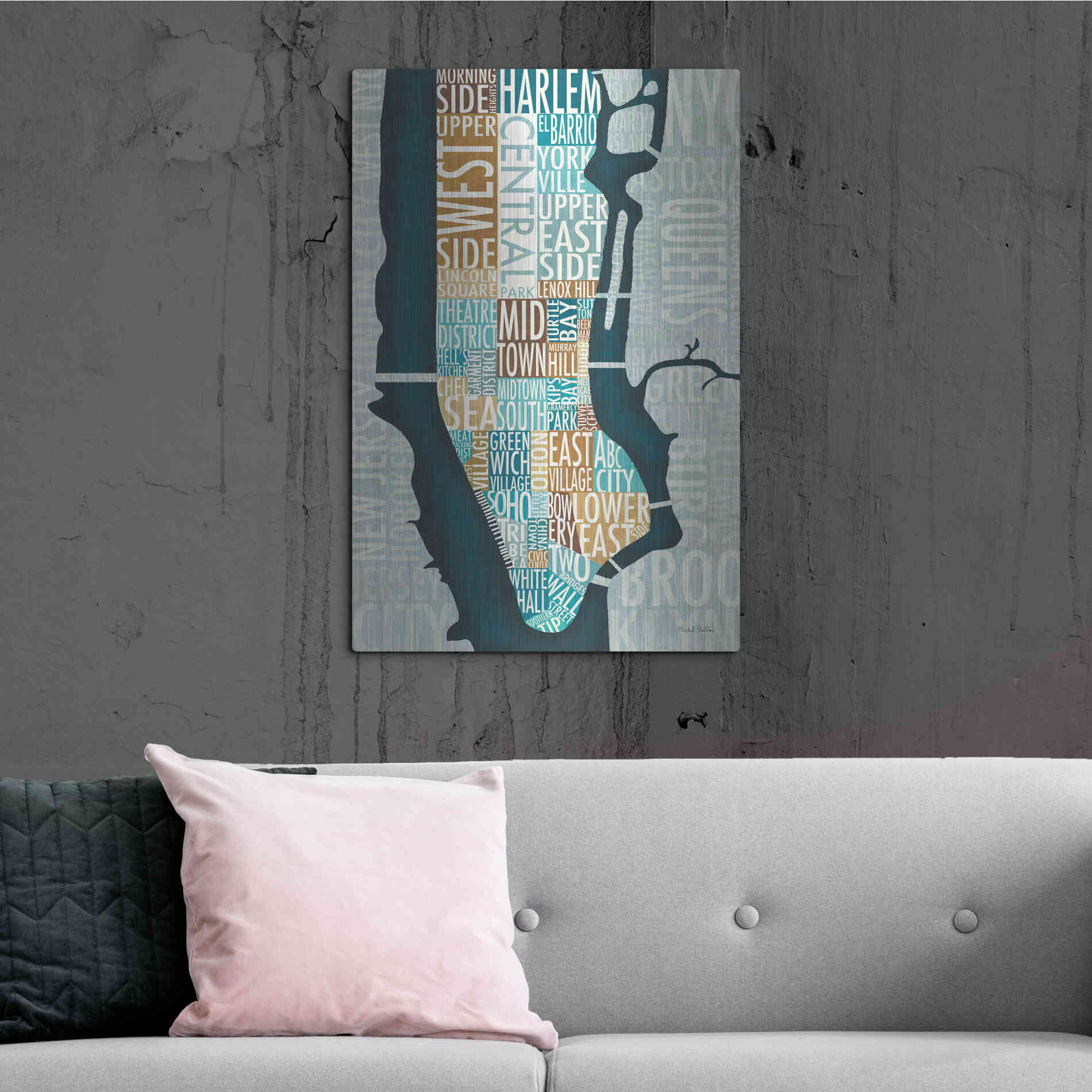 Luxe Metal Art 'Manhattan Map Blue Brown' by Michael Mullan, Metal Wall Art,24x36