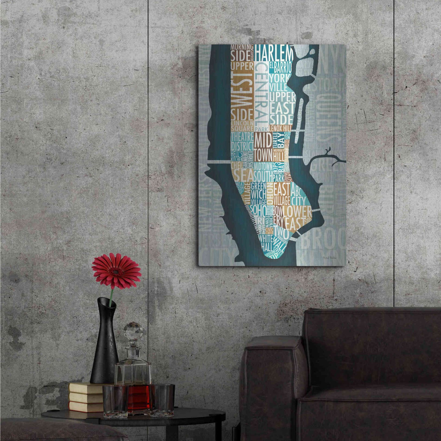 Luxe Metal Art 'Manhattan Map Blue Brown' by Michael Mullan, Metal Wall Art,24x36