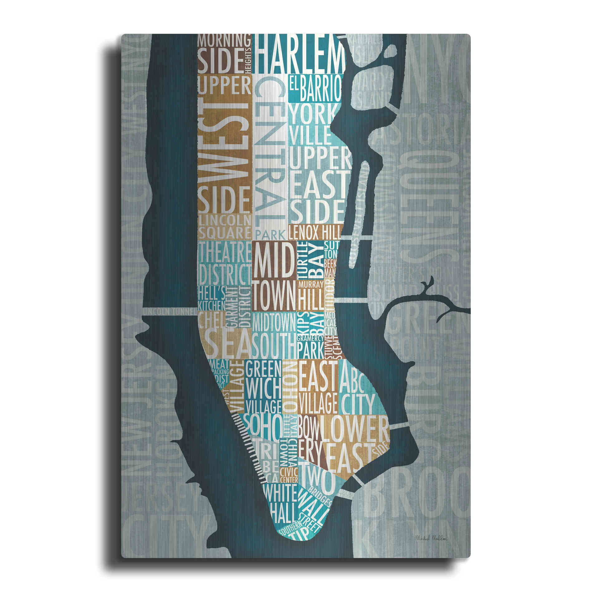 Luxe Metal Art 'Manhattan Map Blue Brown' by Michael Mullan, Metal Wall Art