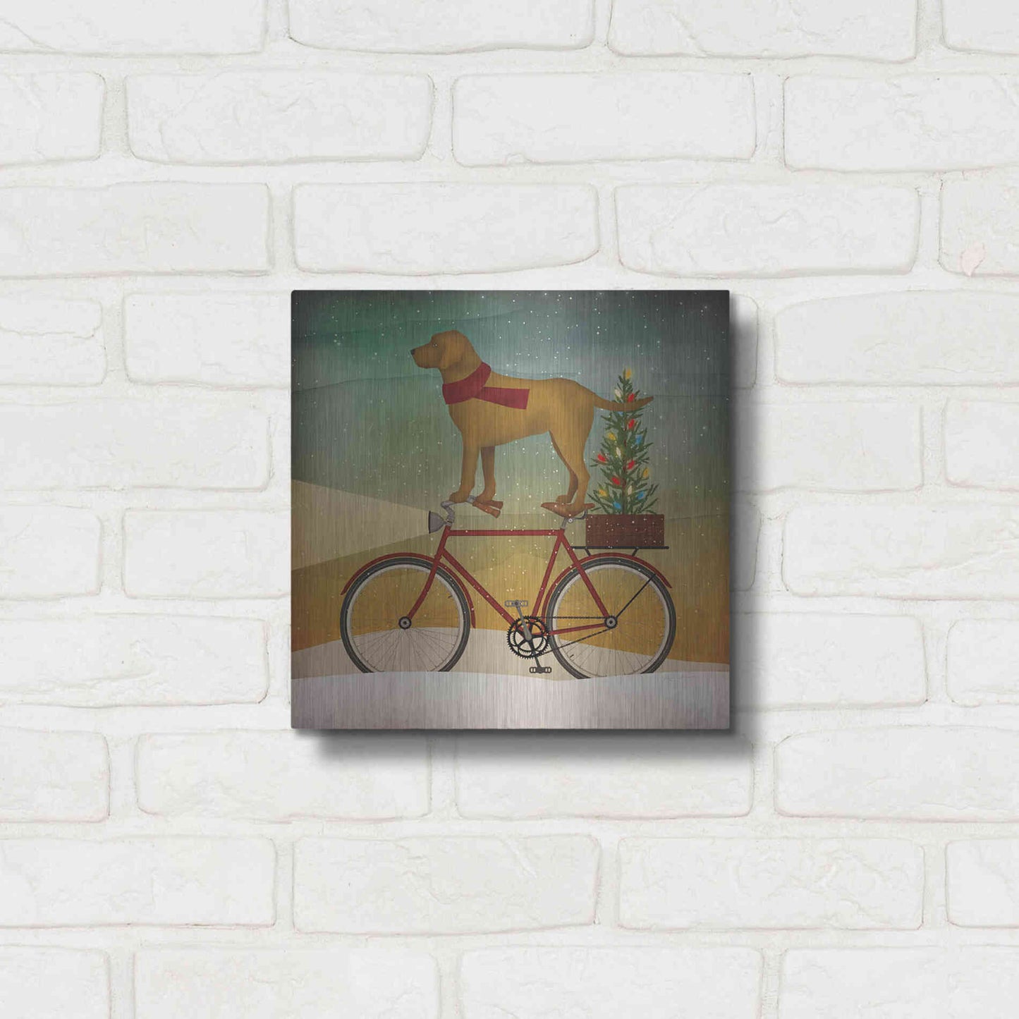 Luxe Metal Art 'Yellow Lab on Bike Christmas' by Ryan Fowler, Metal Wall Art,12x12