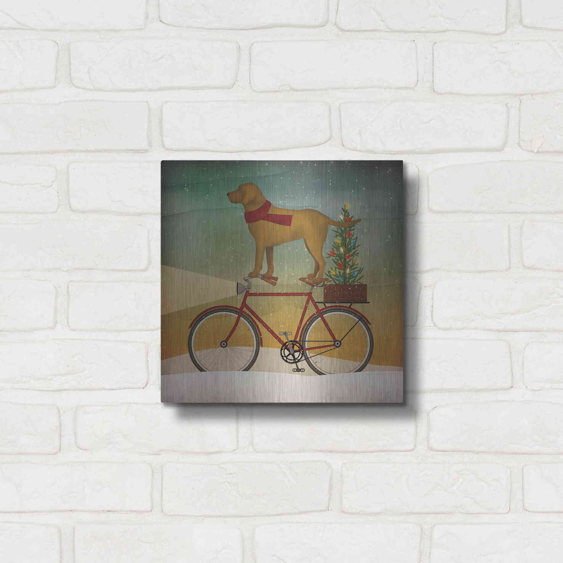 Luxe Metal Art 'Yellow Lab on Bike Christmas' by Ryan Fowler, Metal Wall Art,12x12