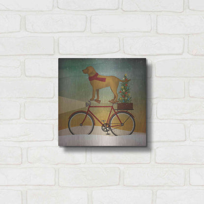 Luxe Metal Art 'Yellow Lab on Bike Christmas' by Ryan Fowler, Metal Wall Art,12x12