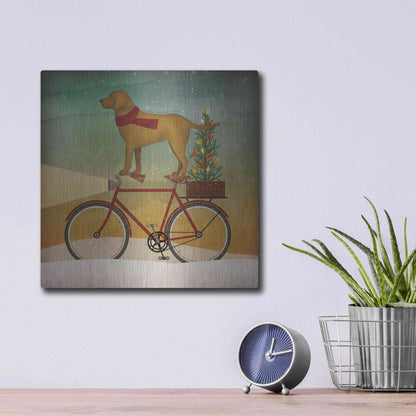 Luxe Metal Art 'Yellow Lab on Bike Christmas' by Ryan Fowler, Metal Wall Art,12x12