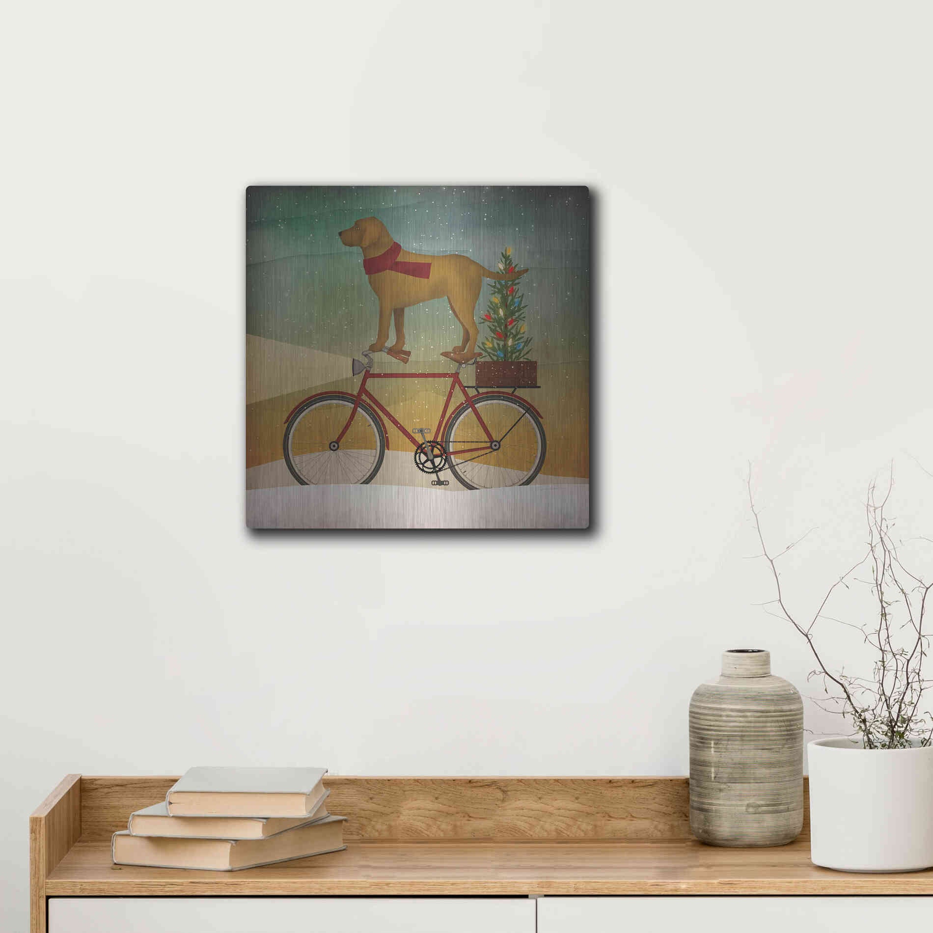 Luxe Metal Art 'Yellow Lab on Bike Christmas' by Ryan Fowler, Metal Wall Art,12x12