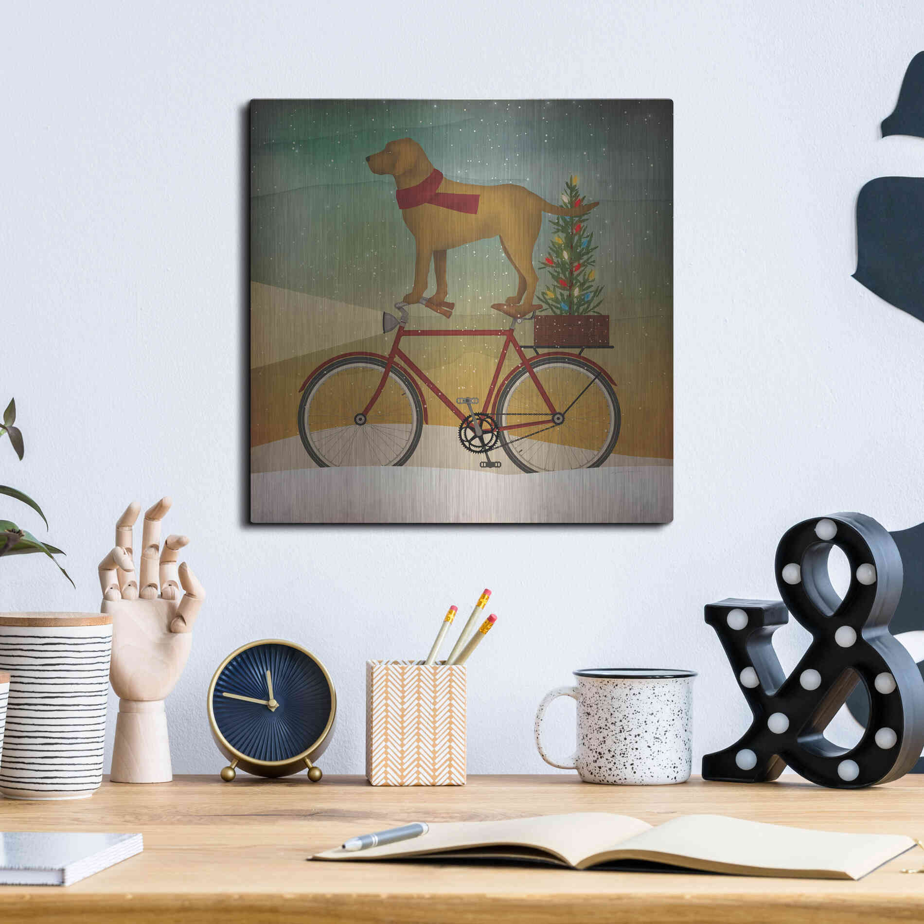 Luxe Metal Art 'Yellow Lab on Bike Christmas' by Ryan Fowler, Metal Wall Art,12x12
