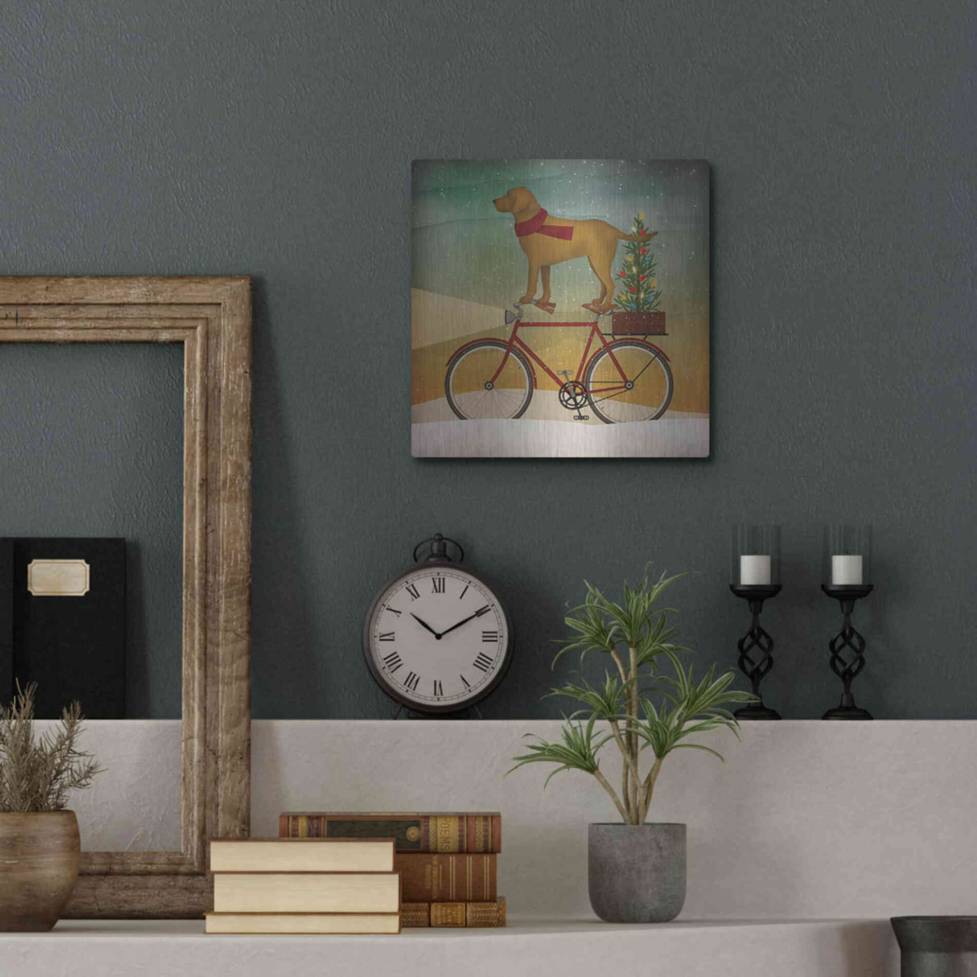 Luxe Metal Art 'Yellow Lab on Bike Christmas' by Ryan Fowler, Metal Wall Art,12x12