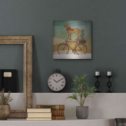 Luxe Metal Art 'Yellow Lab on Bike Christmas' by Ryan Fowler, Metal Wall Art,12x12