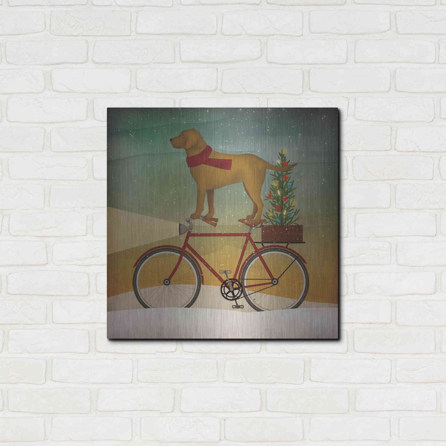 Luxe Metal Art 'Yellow Lab on Bike Christmas' by Ryan Fowler, Metal Wall Art,24x24