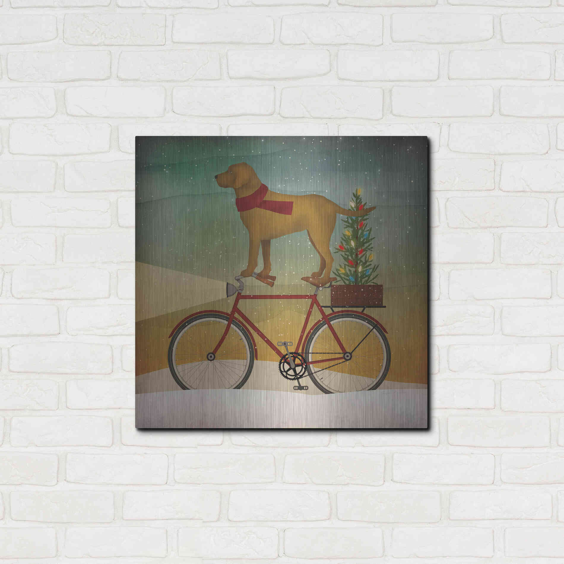 Luxe Metal Art 'Yellow Lab on Bike Christmas' by Ryan Fowler, Metal Wall Art,24x24