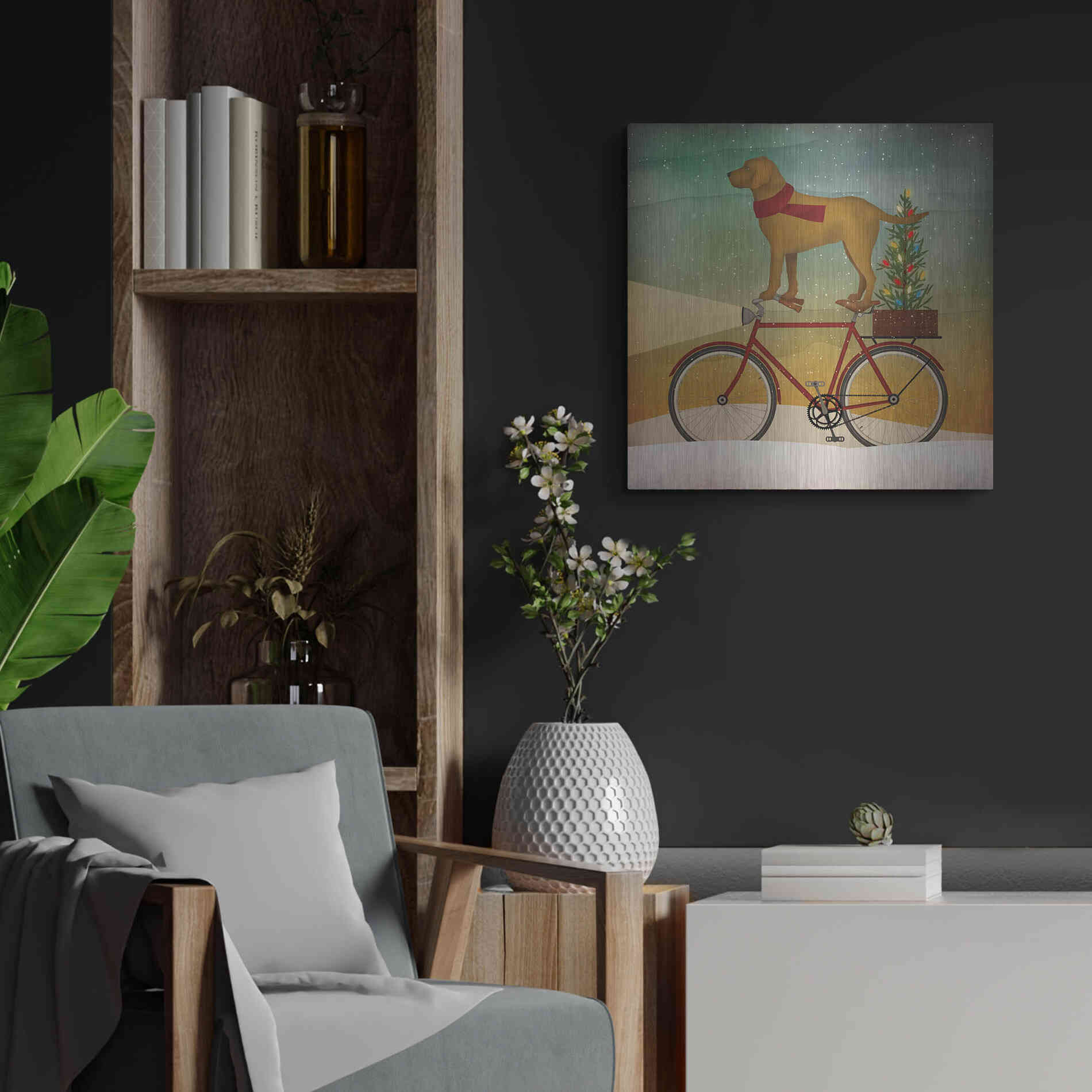 Luxe Metal Art 'Yellow Lab on Bike Christmas' by Ryan Fowler, Metal Wall Art,24x24