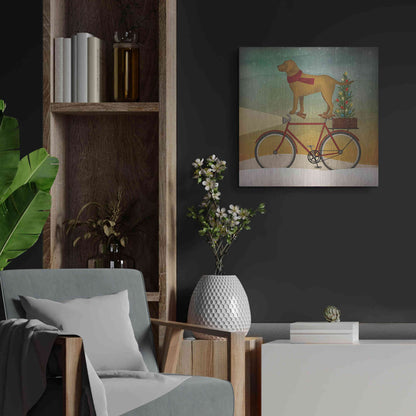 Luxe Metal Art 'Yellow Lab on Bike Christmas' by Ryan Fowler, Metal Wall Art,24x24
