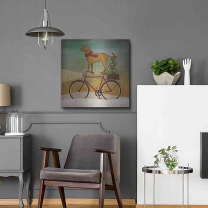 Luxe Metal Art 'Yellow Lab on Bike Christmas' by Ryan Fowler, Metal Wall Art,24x24