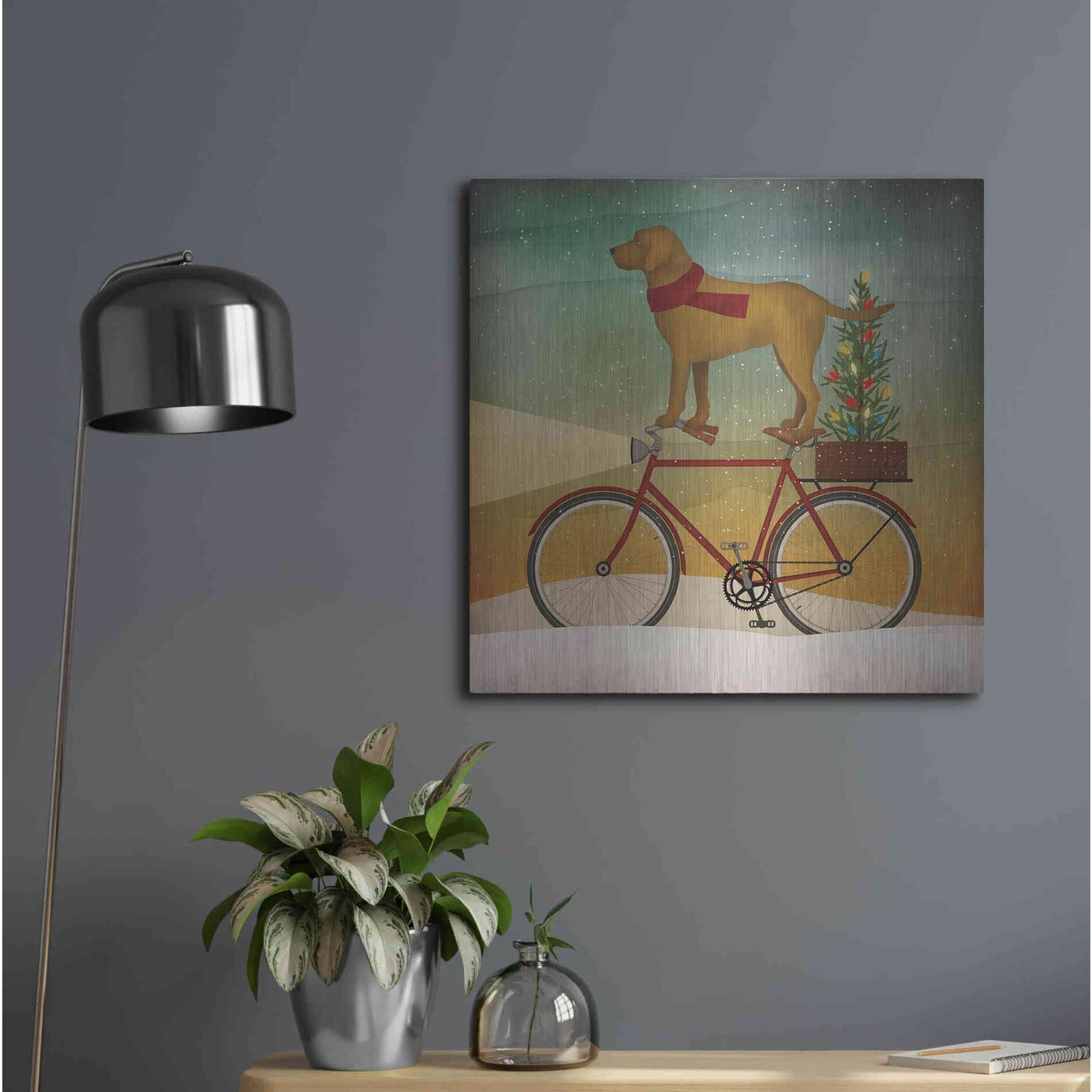 Luxe Metal Art 'Yellow Lab on Bike Christmas' by Ryan Fowler, Metal Wall Art,24x24