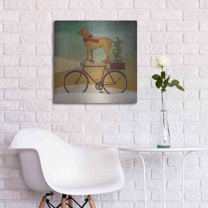 Luxe Metal Art 'Yellow Lab on Bike Christmas' by Ryan Fowler, Metal Wall Art,24x24