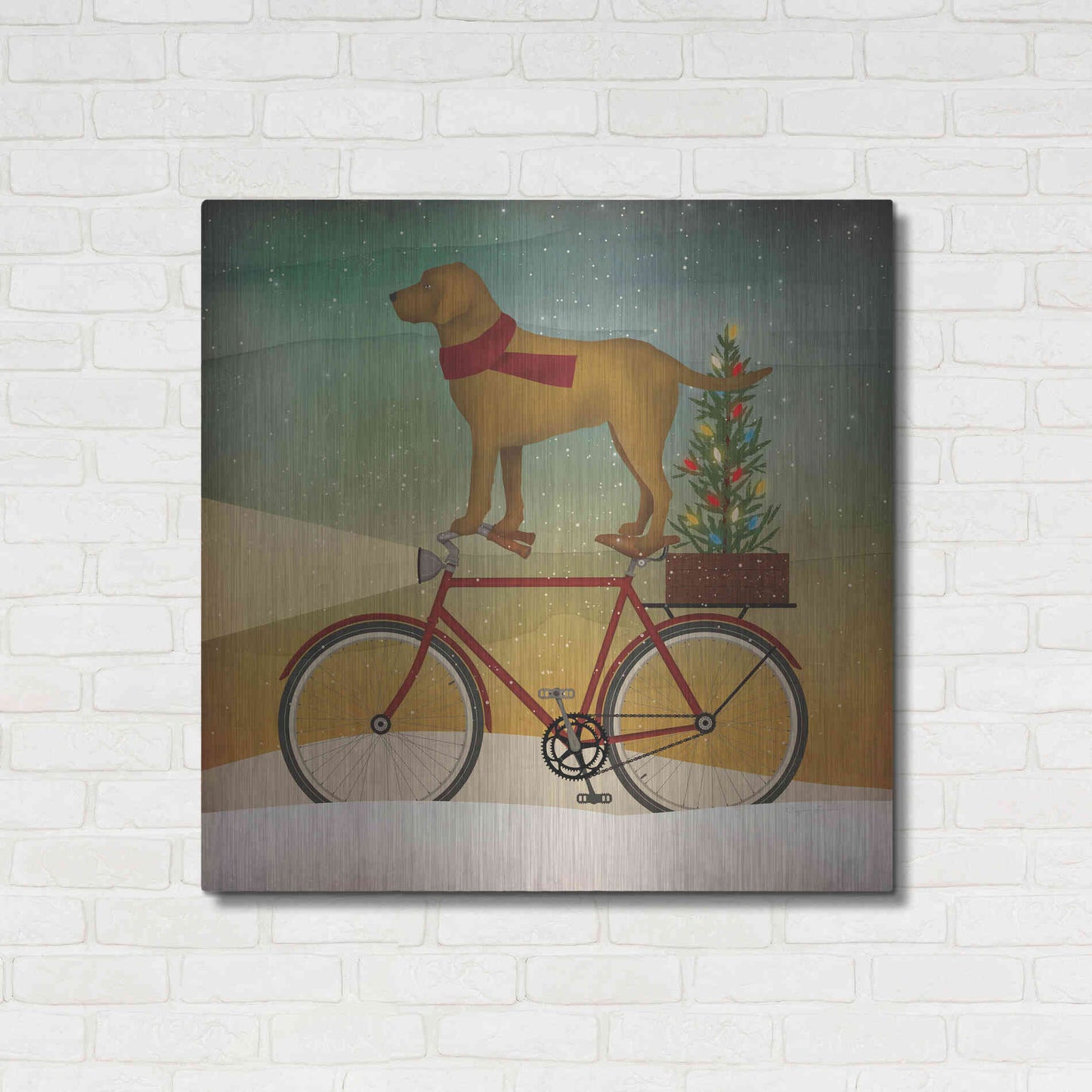 Luxe Metal Art 'Yellow Lab on Bike Christmas' by Ryan Fowler, Metal Wall Art,36x36