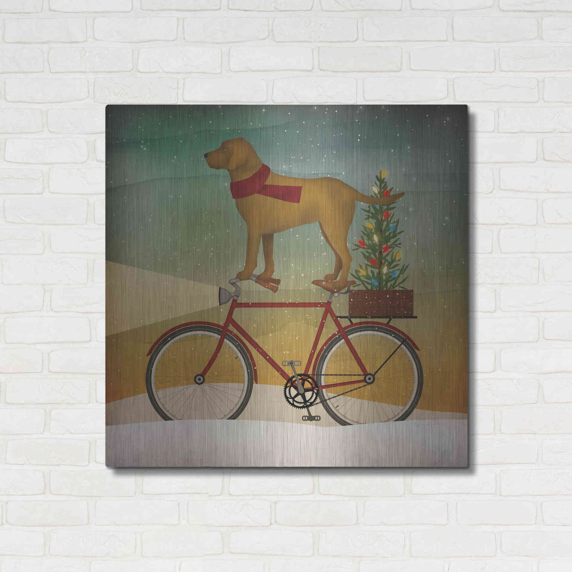 Luxe Metal Art 'Yellow Lab on Bike Christmas' by Ryan Fowler, Metal Wall Art,36x36