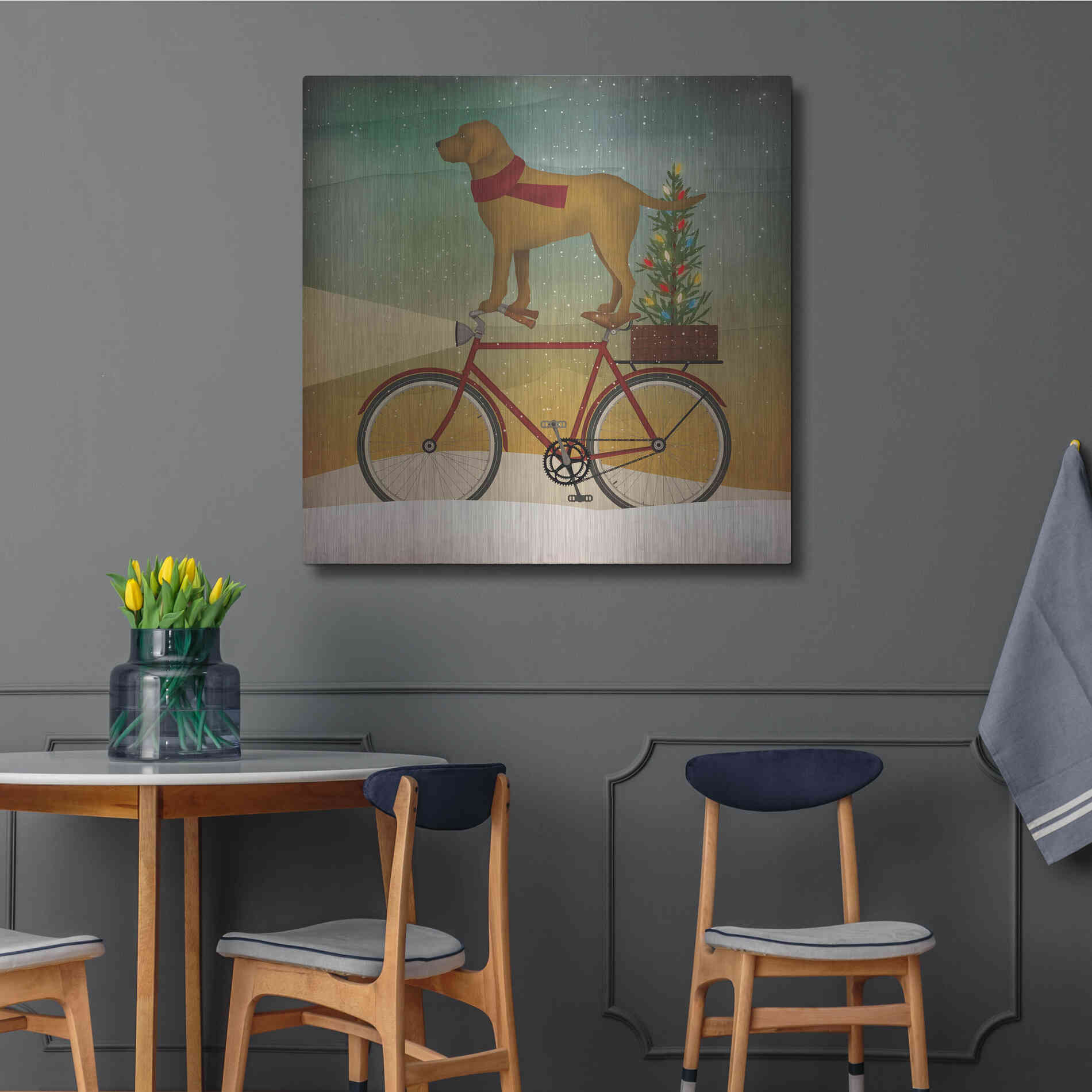 Luxe Metal Art 'Yellow Lab on Bike Christmas' by Ryan Fowler, Metal Wall Art,36x36