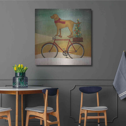 Luxe Metal Art 'Yellow Lab on Bike Christmas' by Ryan Fowler, Metal Wall Art,36x36